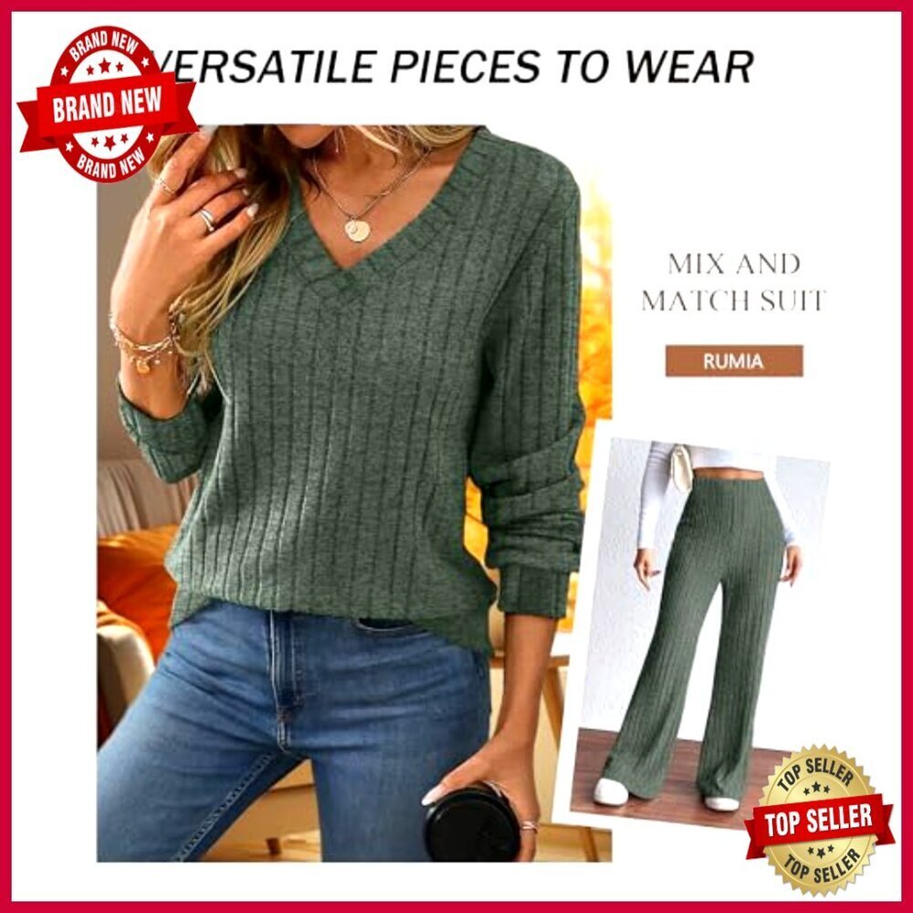 Matching Lounge Set V-Neck Sweater Wide Leg Pants S-2XL - Picture 3 of 7
